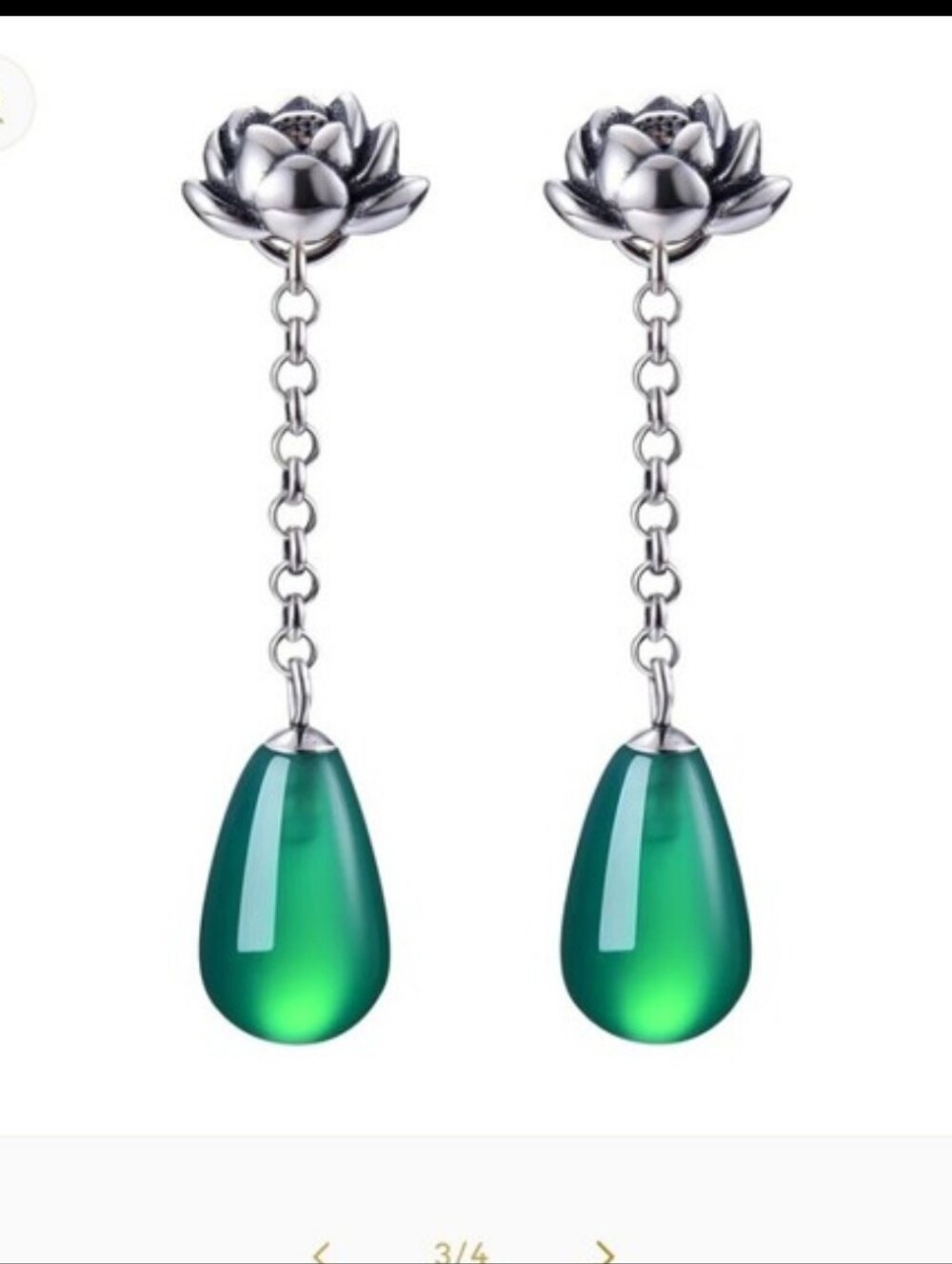 Silver Lotus Drop Earrings with Green Teardrops